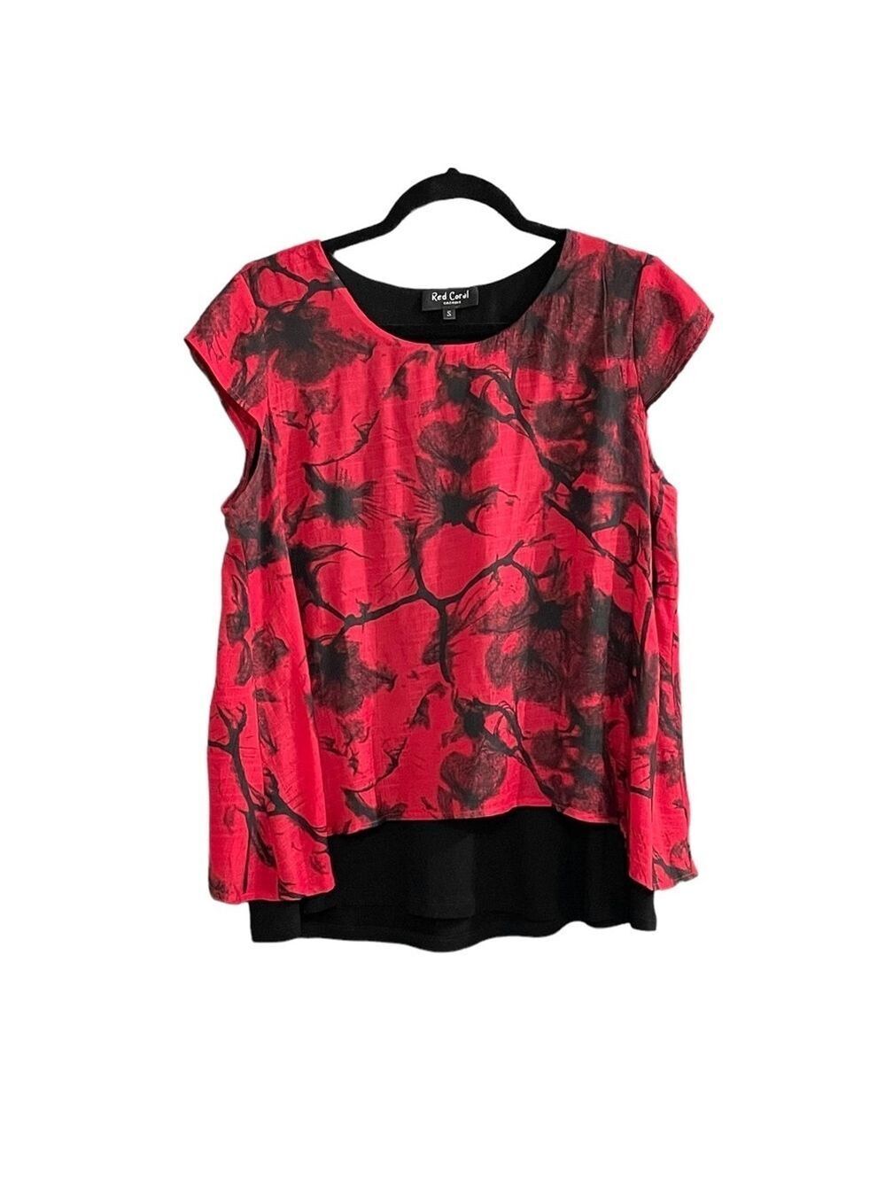 RED CORAL Floral Print Oversized Short Sleeve Blouse Red Black S